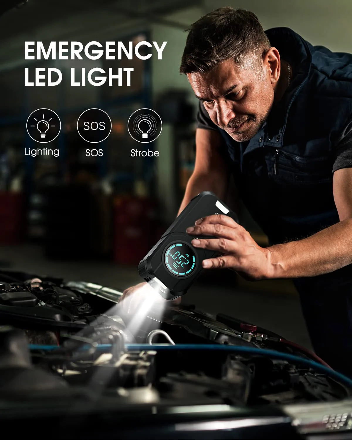 4-in-1 Car Emergency Tool – Jump Starter, Tire Inflator, Power Bank & LED Light