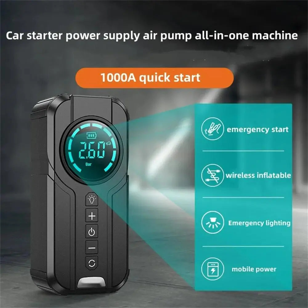 4-in-1 Car Emergency Tool – Jump Starter, Tire Inflator, Power Bank & LED Light